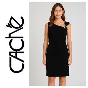 VTG Y2K Cache Black Asymmetric Neckline Bodycon Dress Snake Brooch Made USA M